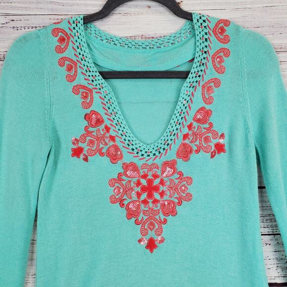 Lilly Pulitzer April Teal Tunic Sweater Whimsy Fairy Crystal Pink Embroidered M - Picture 4 of 12